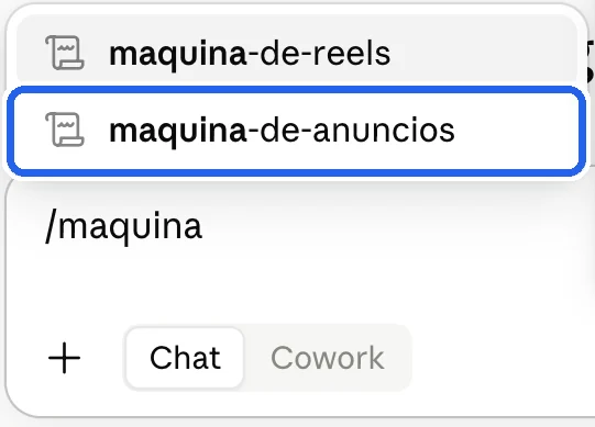 Caixa de mensagem com /maquina digitado e maquina-de-anuncios marcada