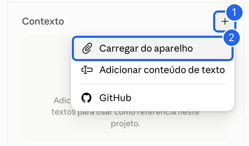Contexto do projeto com o + e Carregar do aparelho marcados