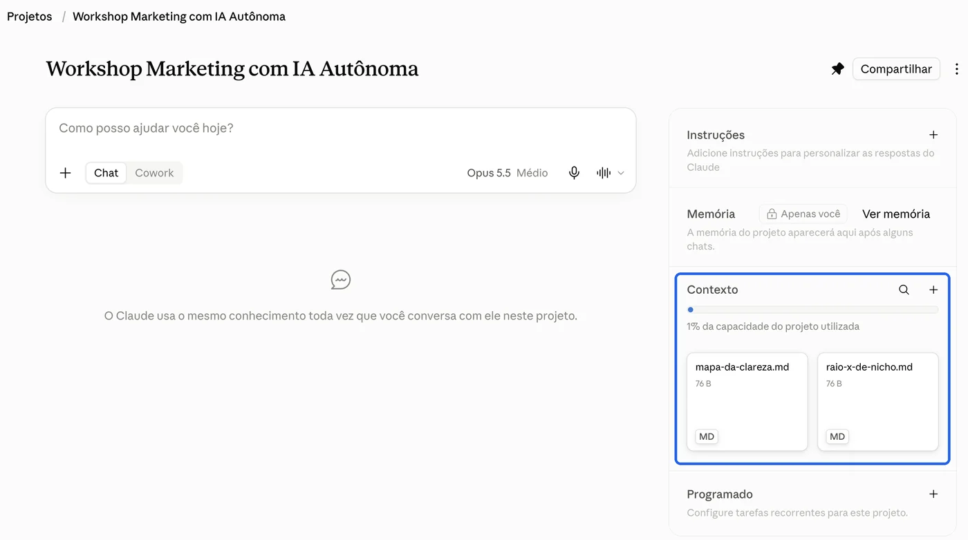 Página do projeto com o Contexto marcado na direita, já com arquivos