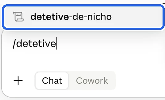 Caixa de mensagem com /detetive digitado e detetive-de-nicho na lista