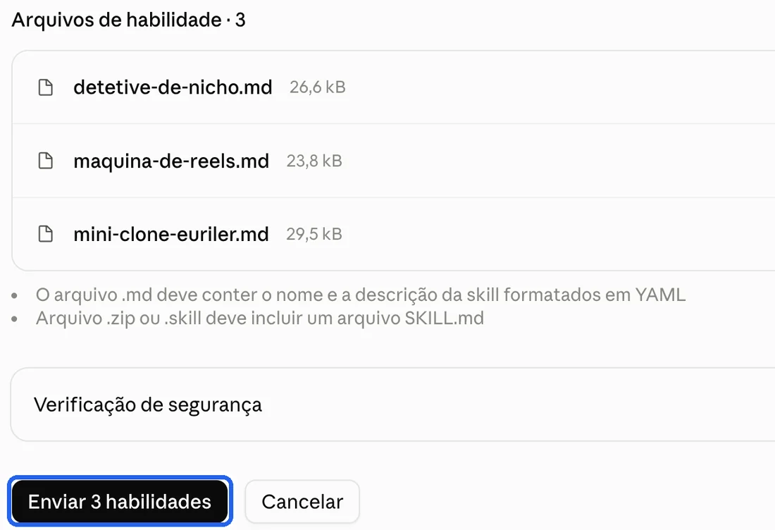 Os 3 arquivos na lista e o botão Enviar 3 habilidades marcado