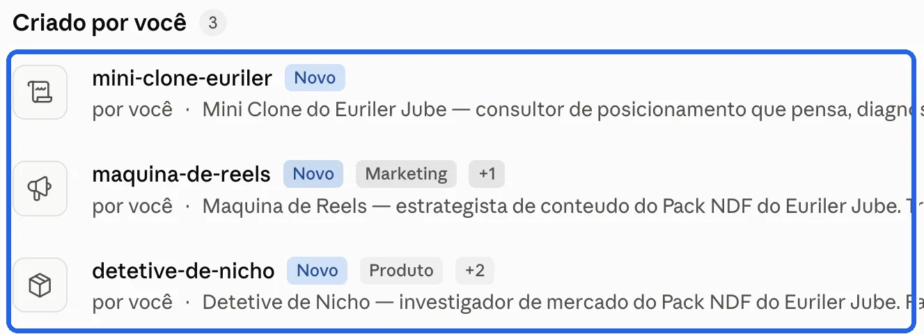 Lista Criado por você com as 3 skills instaladas