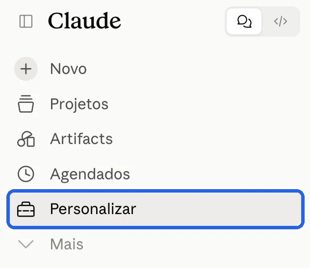Menu da esquerda do Claude com Personalizar marcado