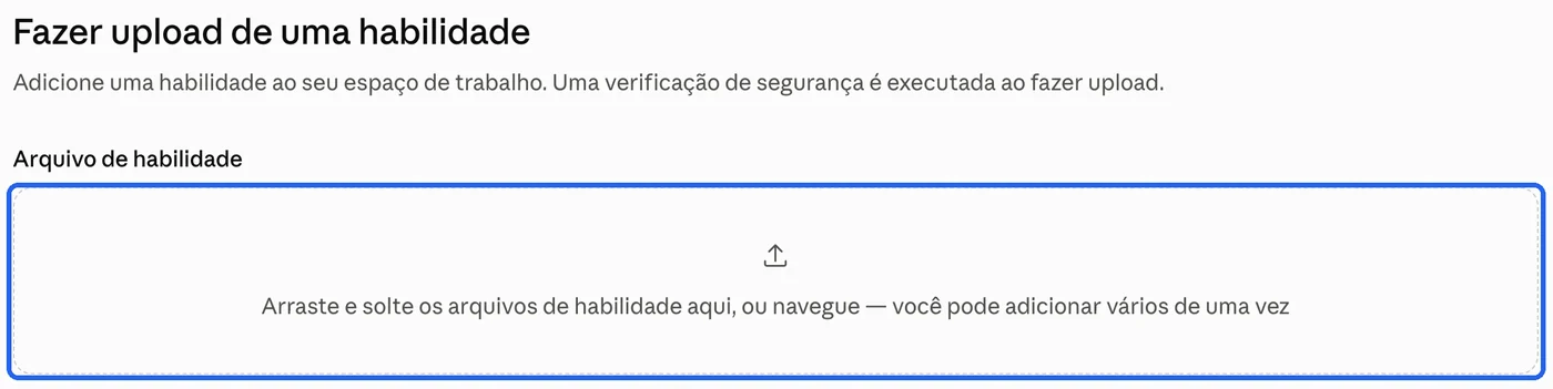 Página Fazer upload de uma habilidade, com o quadro pontilhado marcado