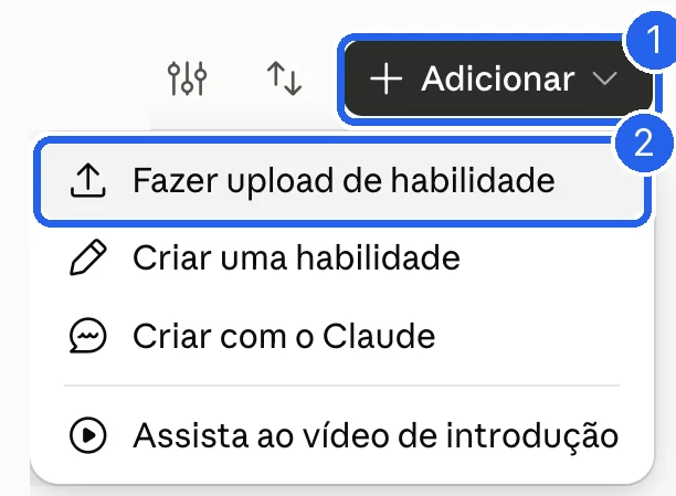 Botão + Adicionar aberto, com Fazer upload de habilidade marcado