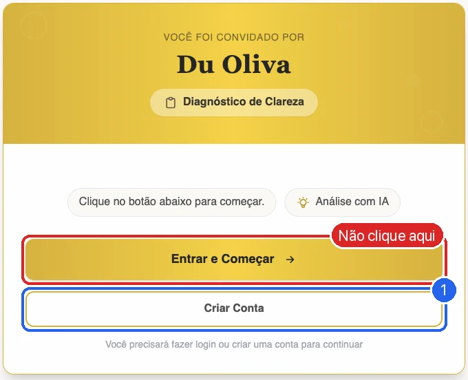 Tela de convite: Entrar e Começar marcado em vermelho (não clicar) e Criar Conta marcado em azul
