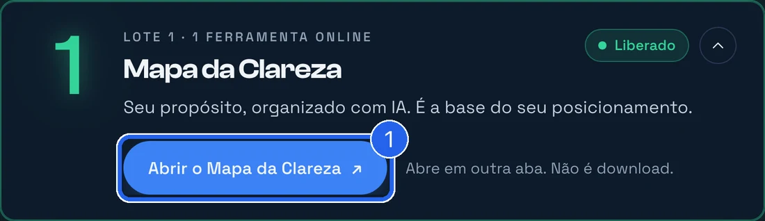 Lote 1 liberado no material, com o botão Abrir o Mapa da Clareza marcado