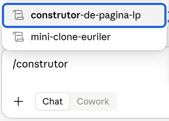 Caixa de mensagem com /construtor digitado e construtor-de-pagina-lp marcado