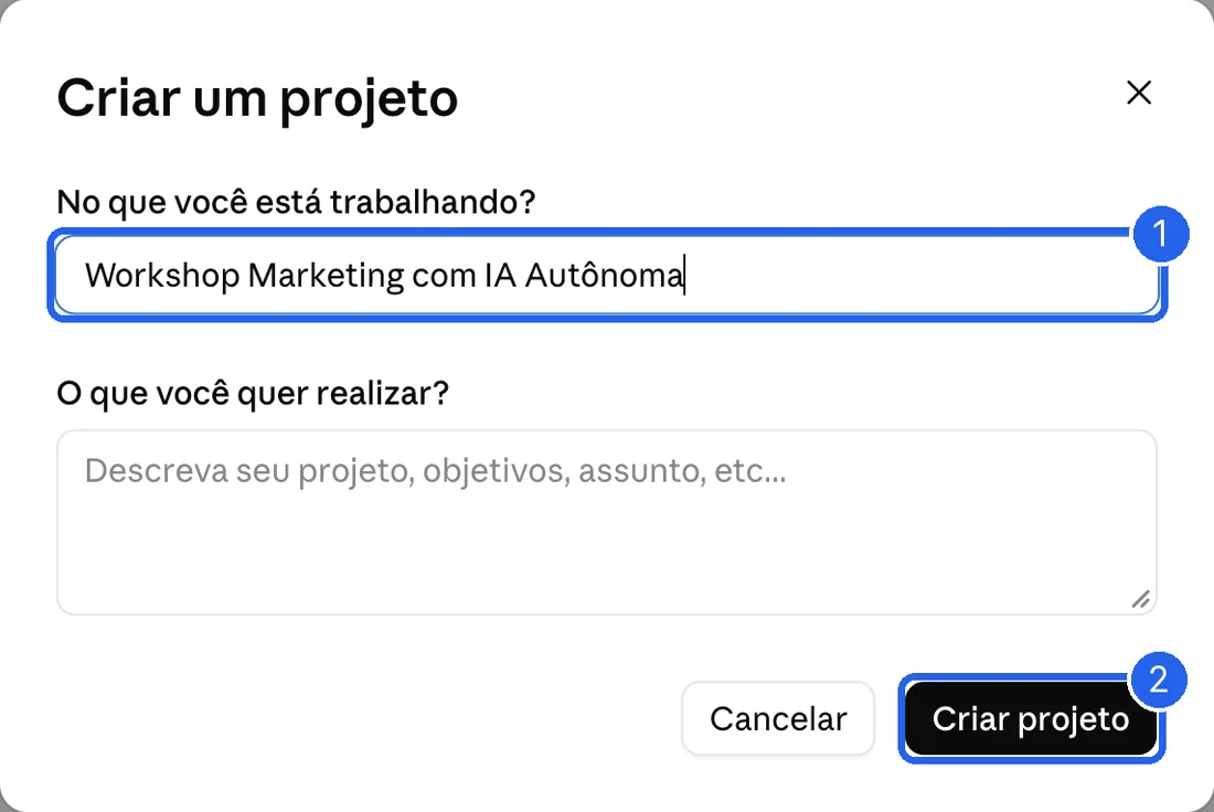 Janela Criar um projeto com o nome preenchido e o botão Criar projeto
