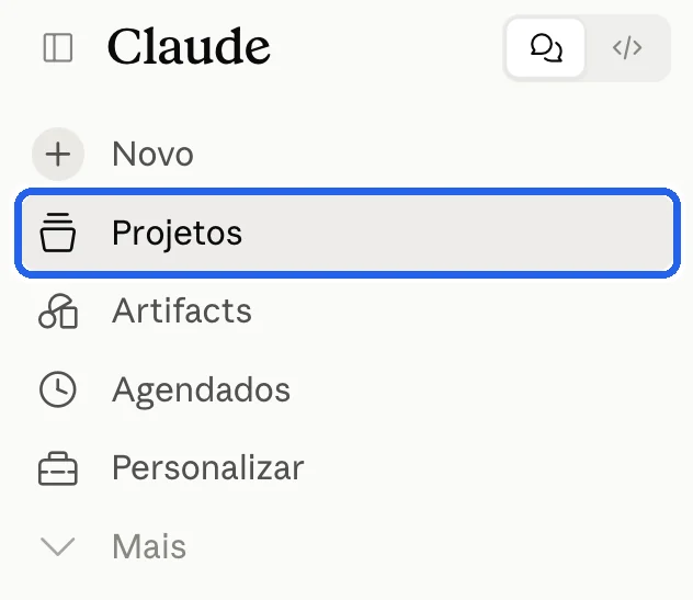 Menu da esquerda do Claude com Projetos marcado