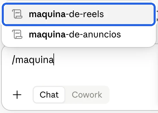 Caixa de mensagem com /maquina digitado e maquina-de-reels marcada